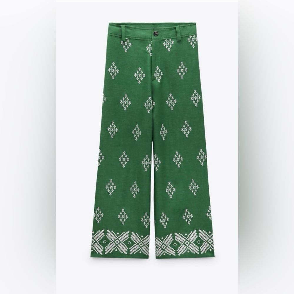 Zara Green Linen Printed Pants